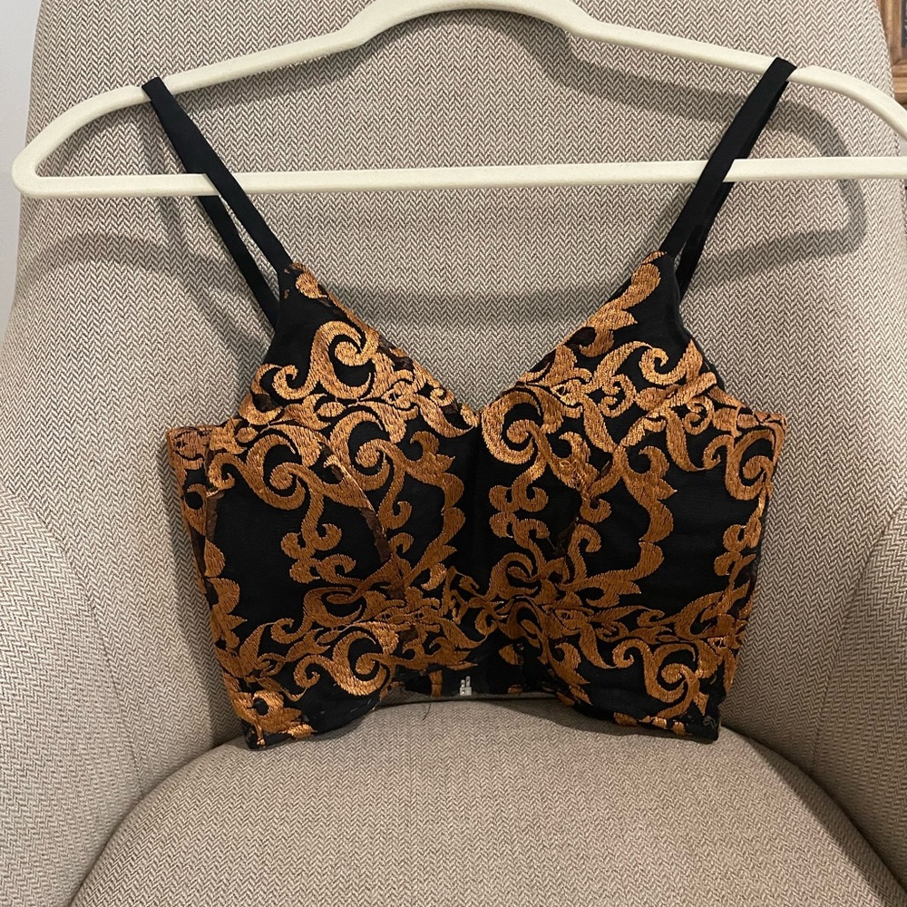 Black and Gold Embroidered Crop Top